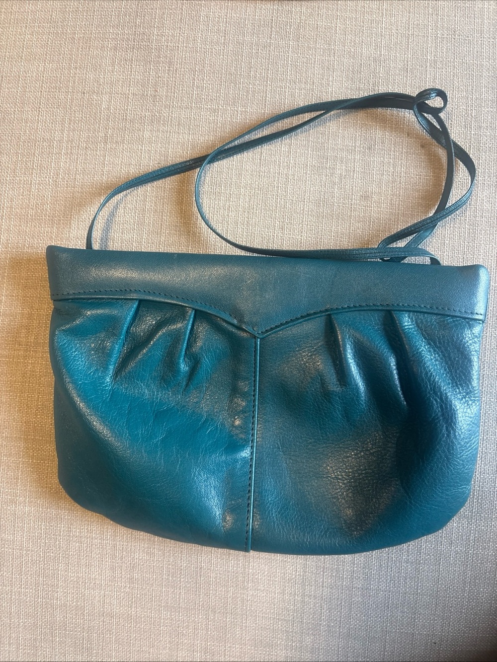 Vintage Antonia Designs Teal Green Ruched Leather Clutch Shoulder Bag Pouch 80s